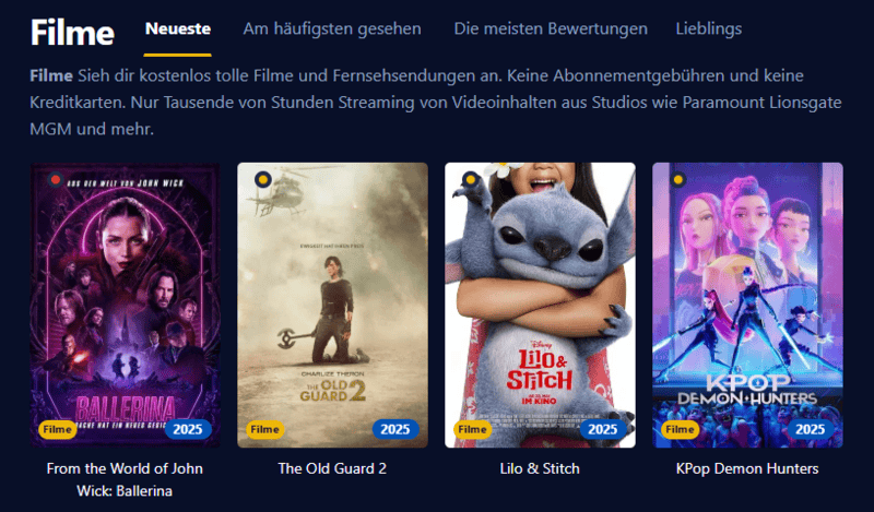 Screenshot der Filmpalast Benutzeroberfläche die verschiedene Filmtitel und Serienepisoden darstellt